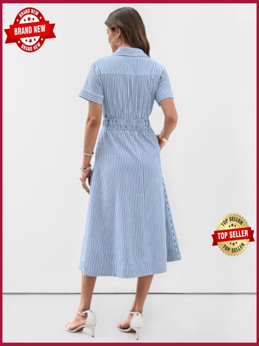 Striped Button Down Midi Dress with Pockets - Picture 4 of 7